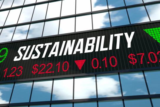 A stock exchange sign reads "SUSTAINABILITY"